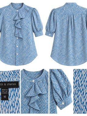 Judith & Charles Blue Ruffle Blouse – Made in Canada – Size 10